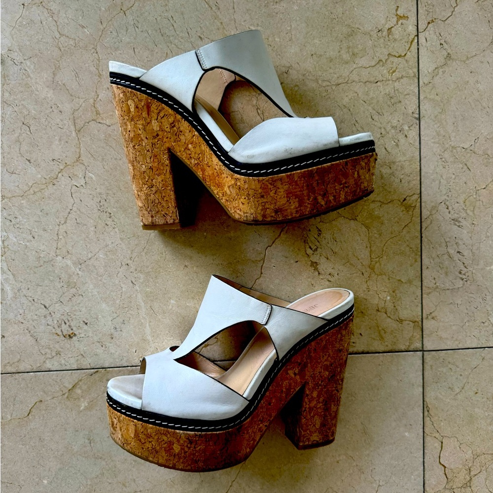 Jimmy Choo T-Strap Slide Cork Wedge Heel Sandal in White Leather sz 40
